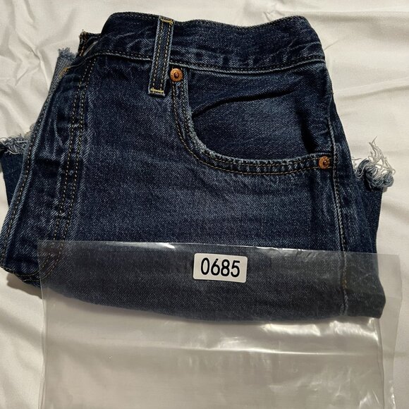 Levis Premium Ribcage Shorts Denim High-Waisted Frayed Hem Women's Blue Cotton C - Picture 9 of 10